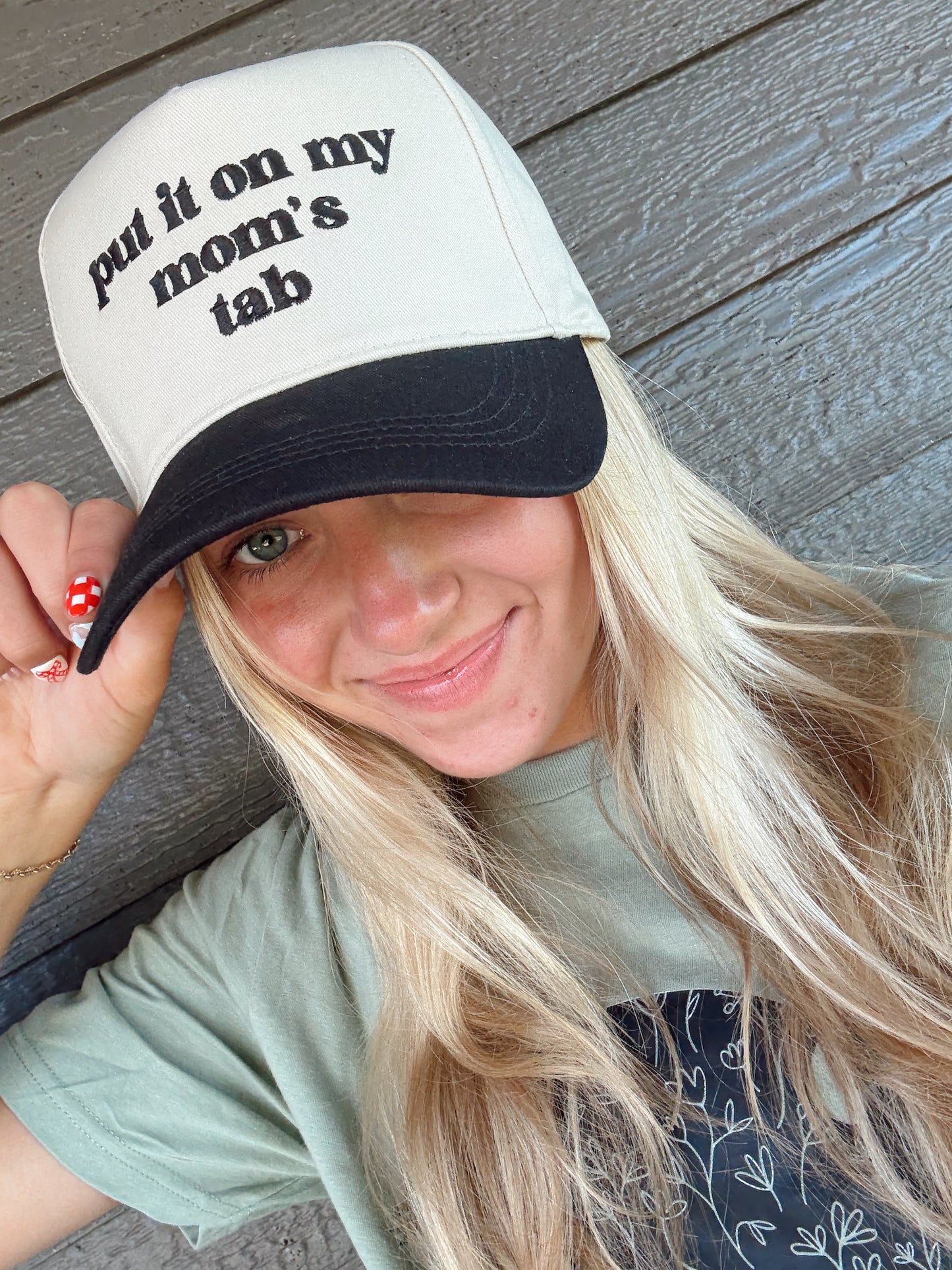 Put It On My Mom's Tab Embroidery Cap - Multiple Colors (Dark Brown, Black, Light Blue)