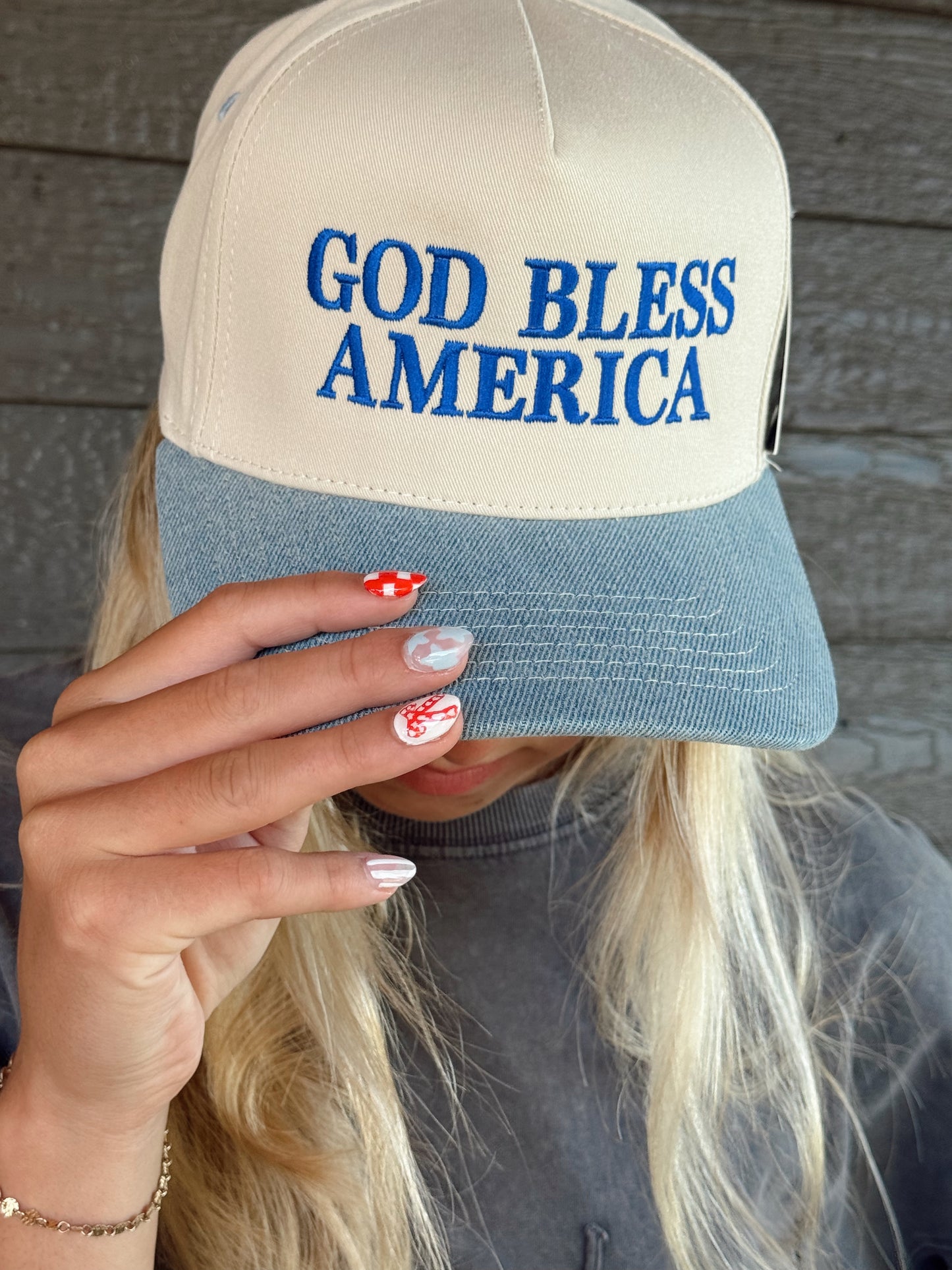 God Bless America Embroidered Cap (heather blue or light brown)