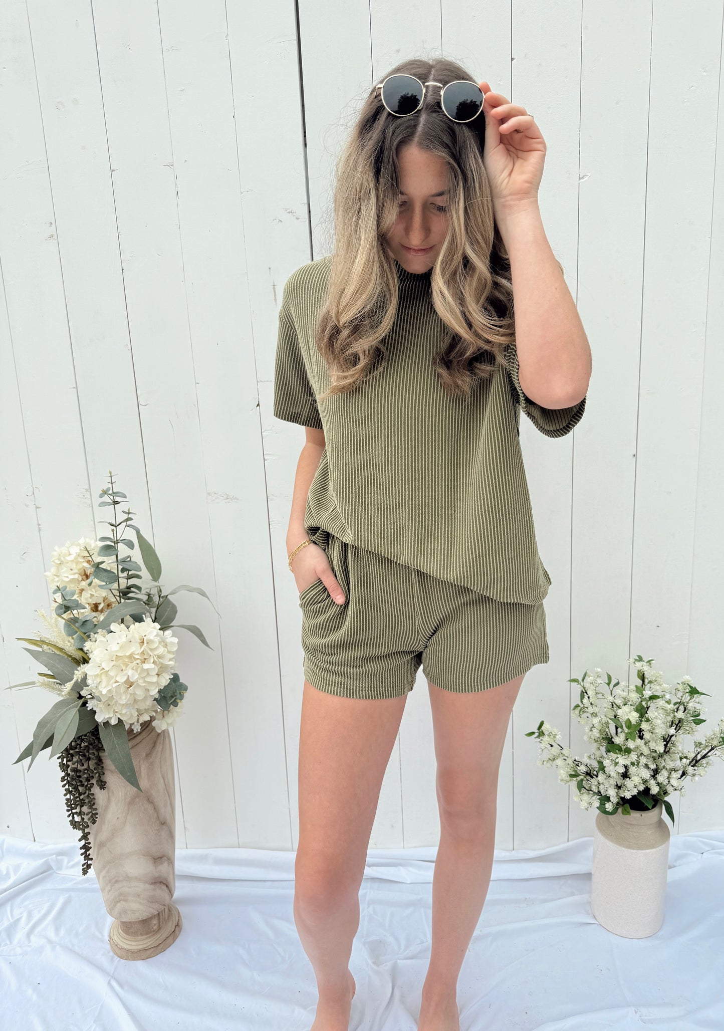Ribbed Textured Knit Loose Fit Tee Shorts Set - Jungle Green