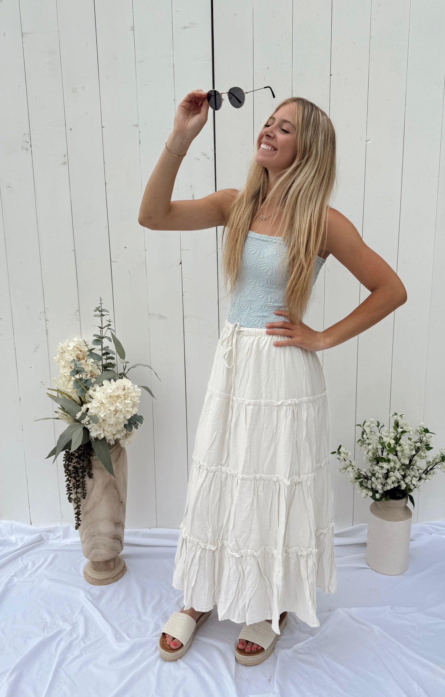 Elastic Waist Casual Long A Line Tiered Skirt - Cream/White
