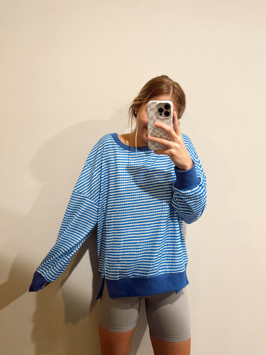 WAFFLE Split Hem Pullover Sweatshirt: Blue Stripe