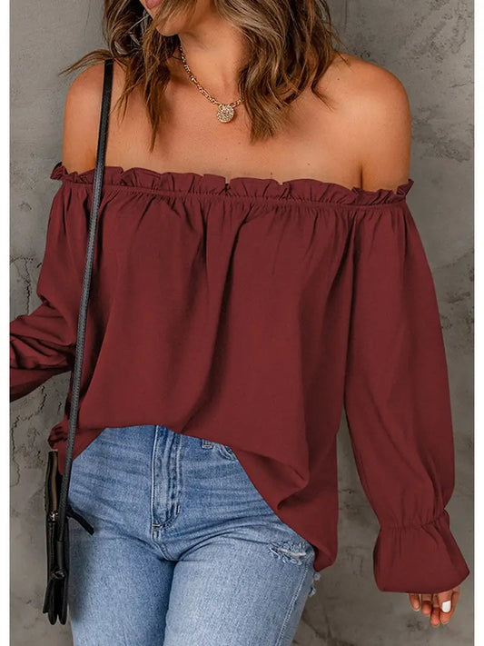 Color Pullover Off-Shoulder Top - Wine