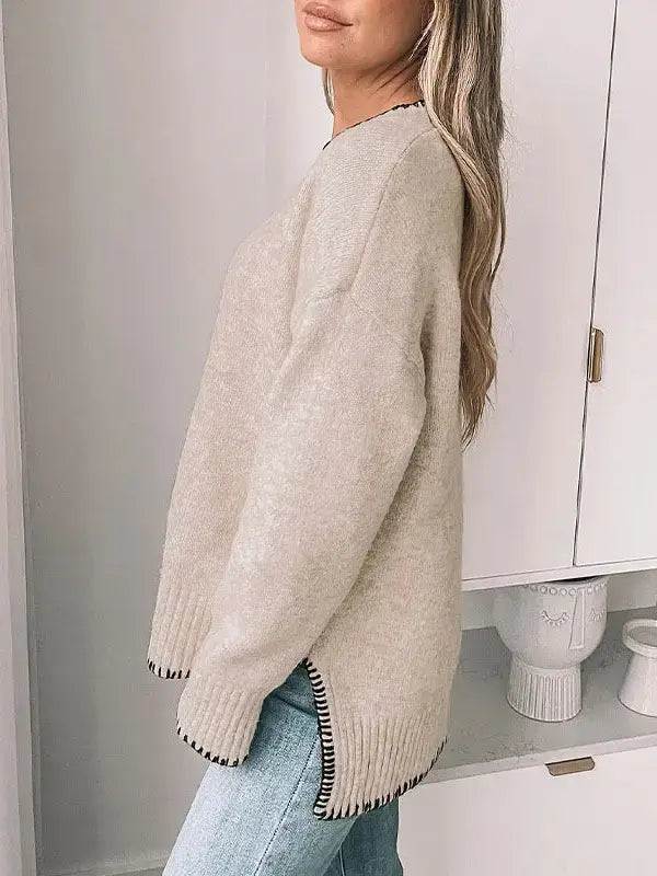 Versatile Solid Color Split Hem Pullover Sweater