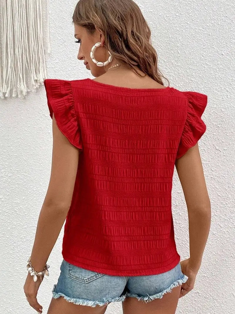 Collar Ruffled Shirt Blouse Top - Red