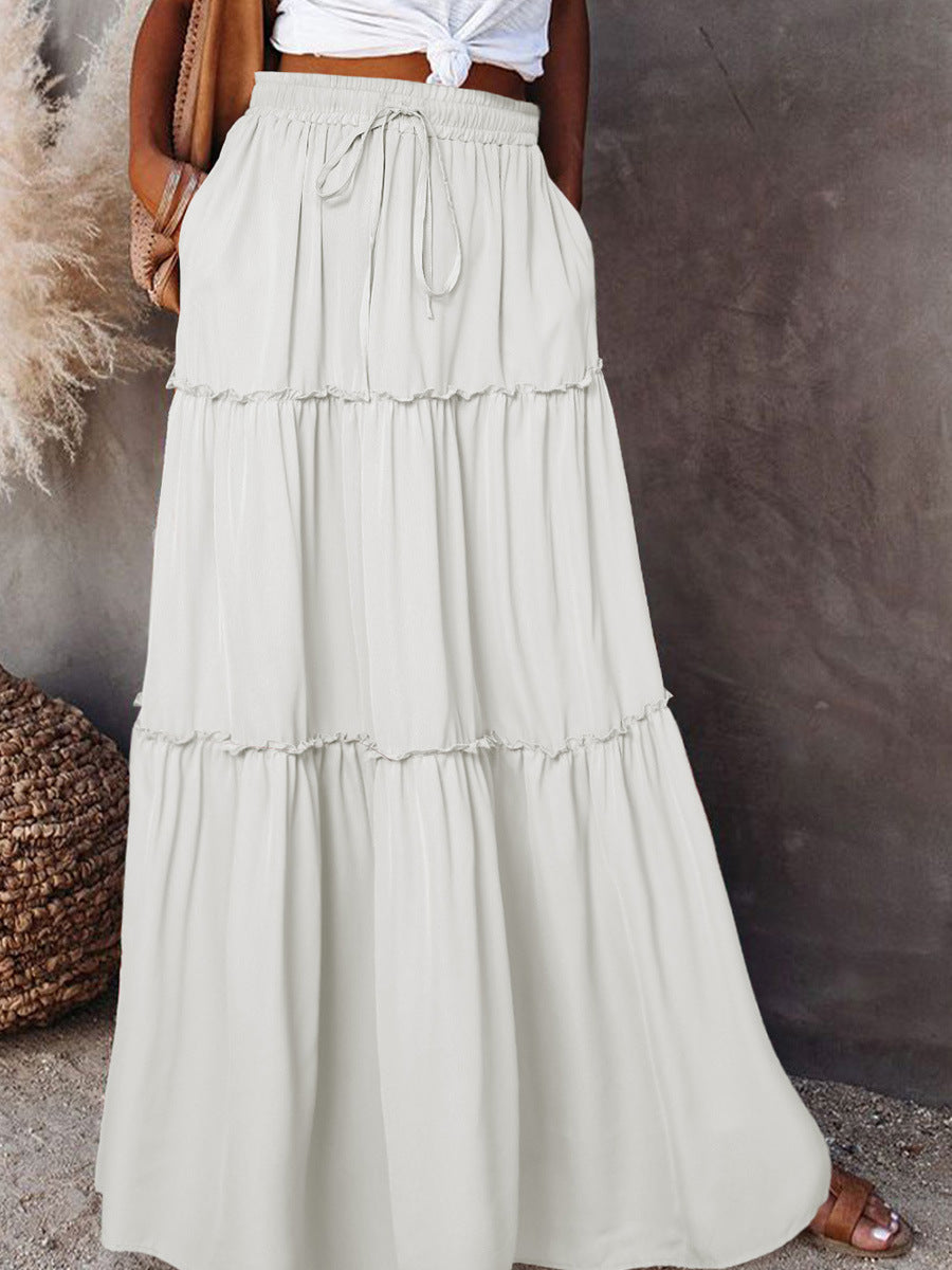 Boho Tiered Maxi Skirt with Pocket - White