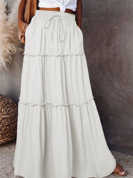 Boho Tiered Maxi Skirt with Pocket - White
