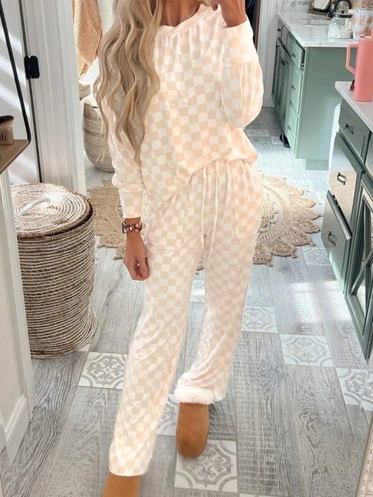 Beige Checkered Print Long Sleeve Top and Pants Lounge Set