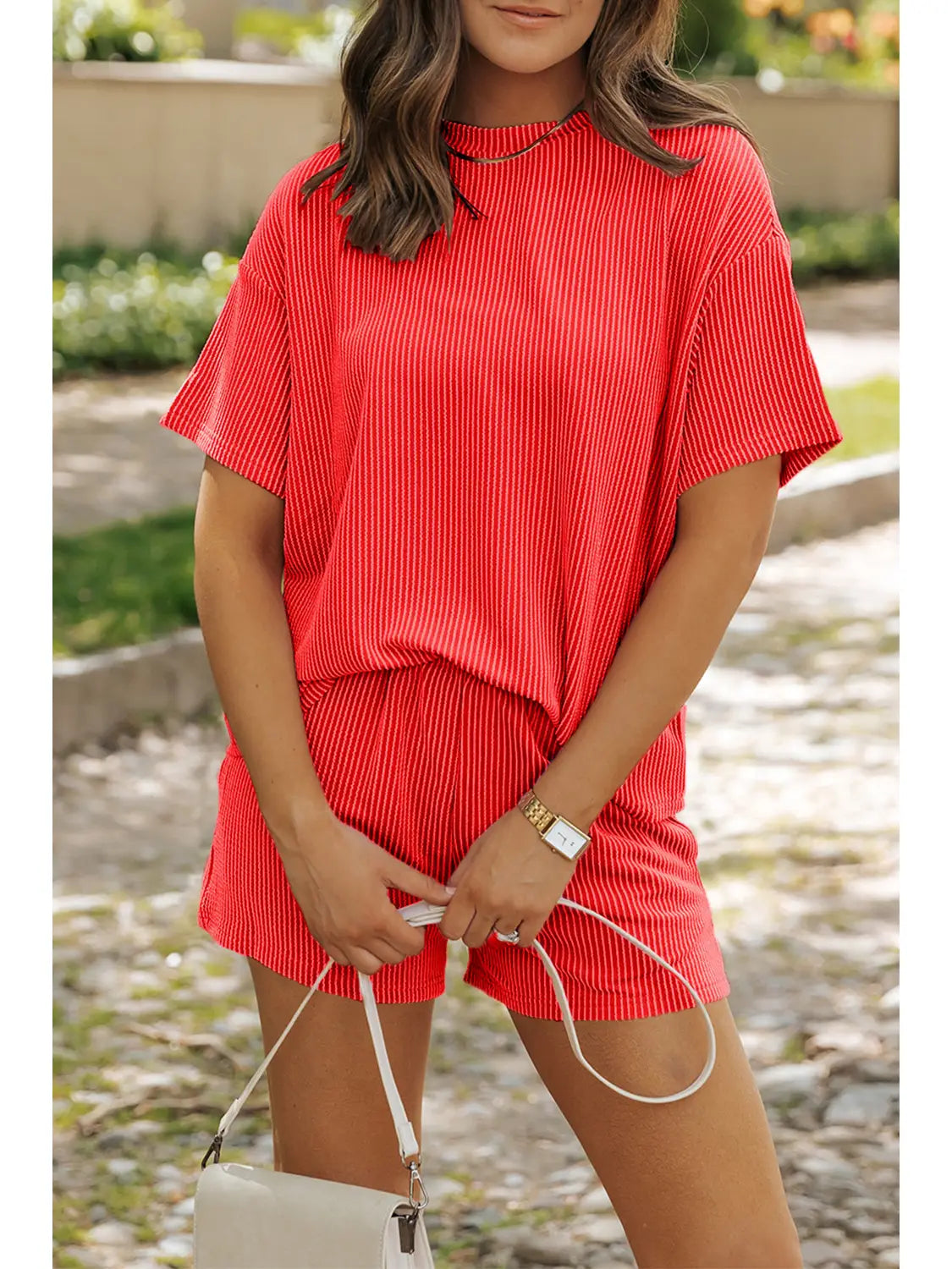 Ribbed Textured Knit Loose Fit Tee Shorts Set