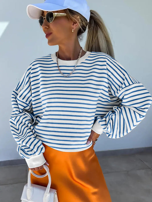 Drop Shoulder Crew Neck Loose Sweatshirt - Blue