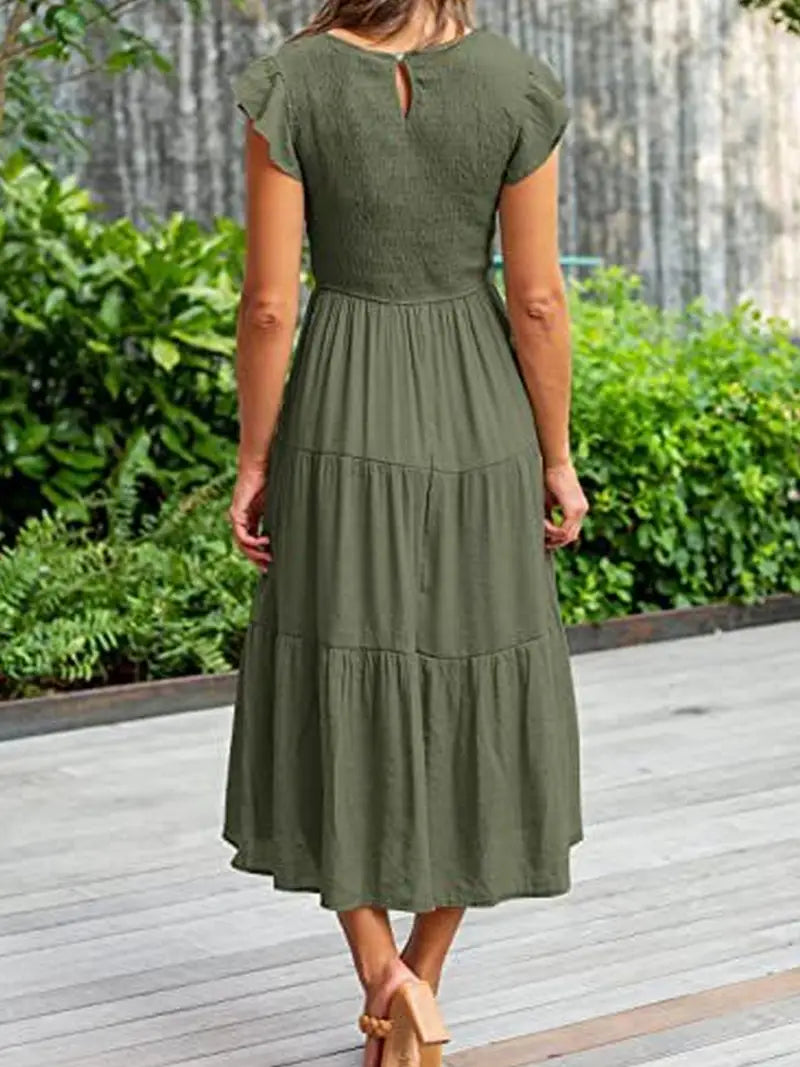 Sleeve Shirred Layered Short Sleeve Dress